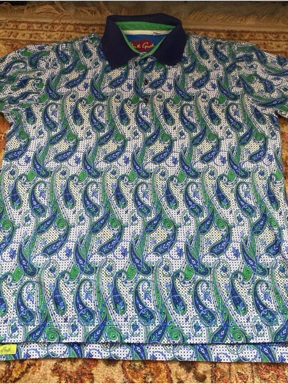 Robert Graham Blue & Green Paisley Polo with Navy Collar